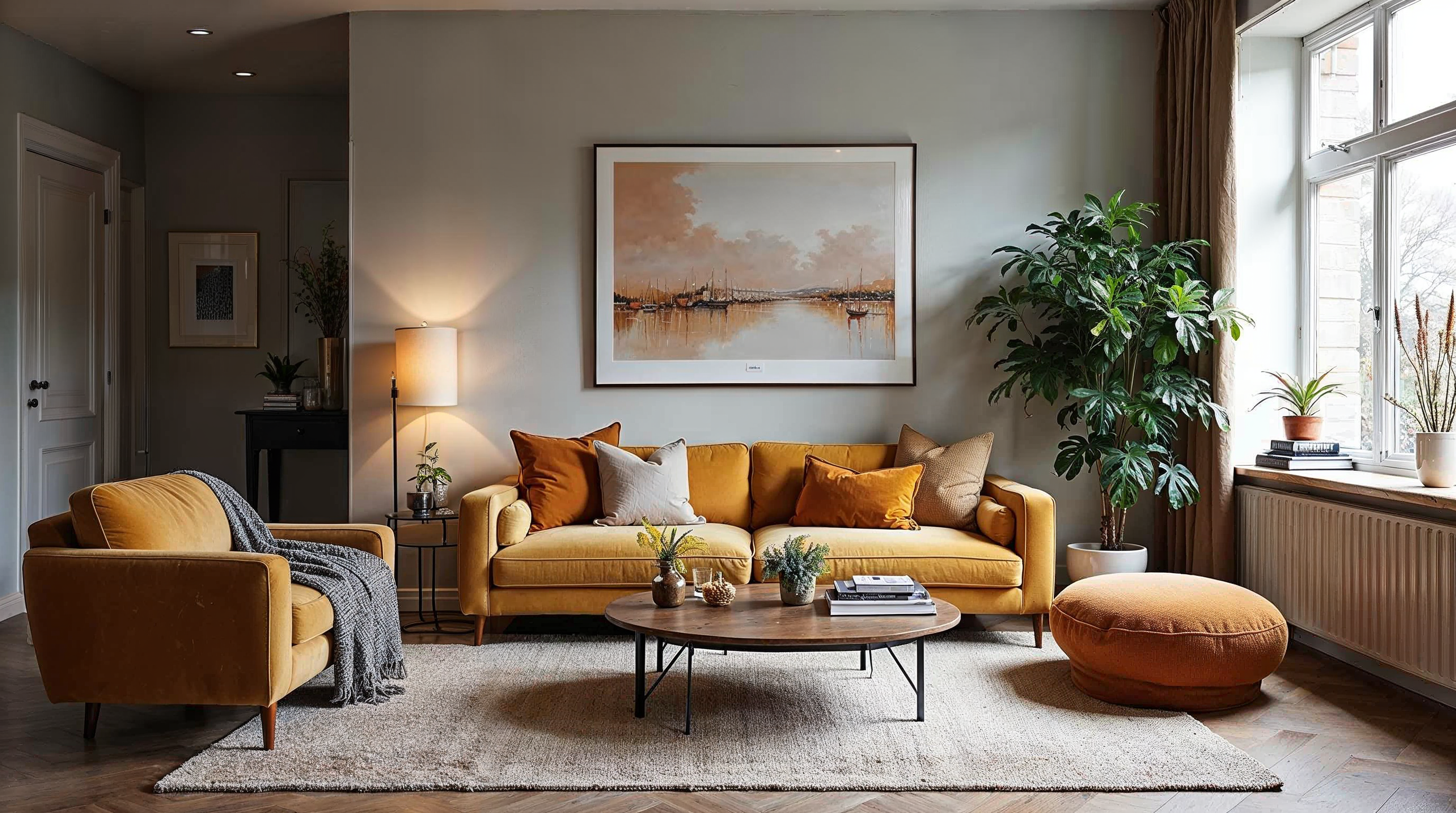 Contemporary dansk stue med blandede designelementer og moderne komfort