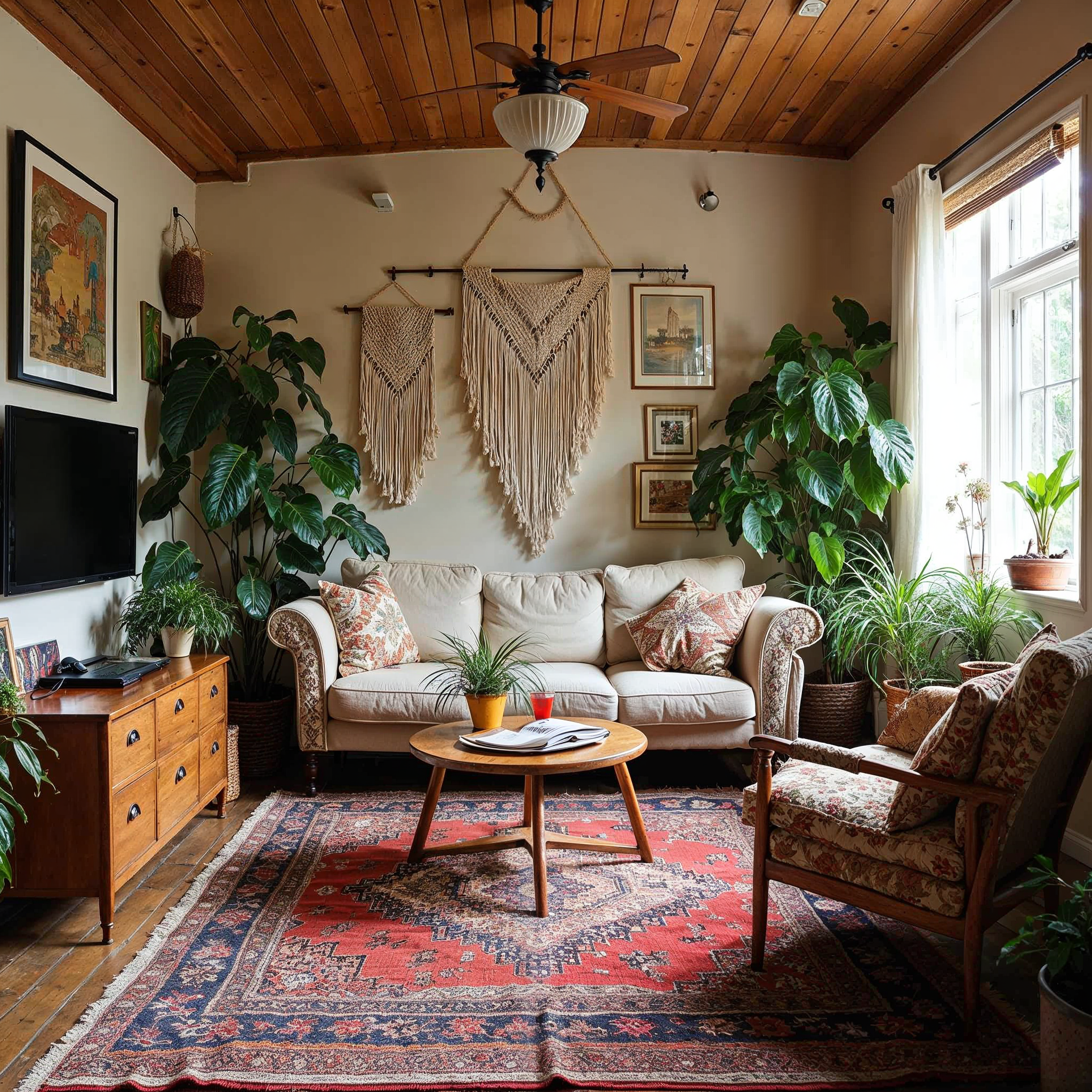 Farverig bohemian stue efter AI transformation