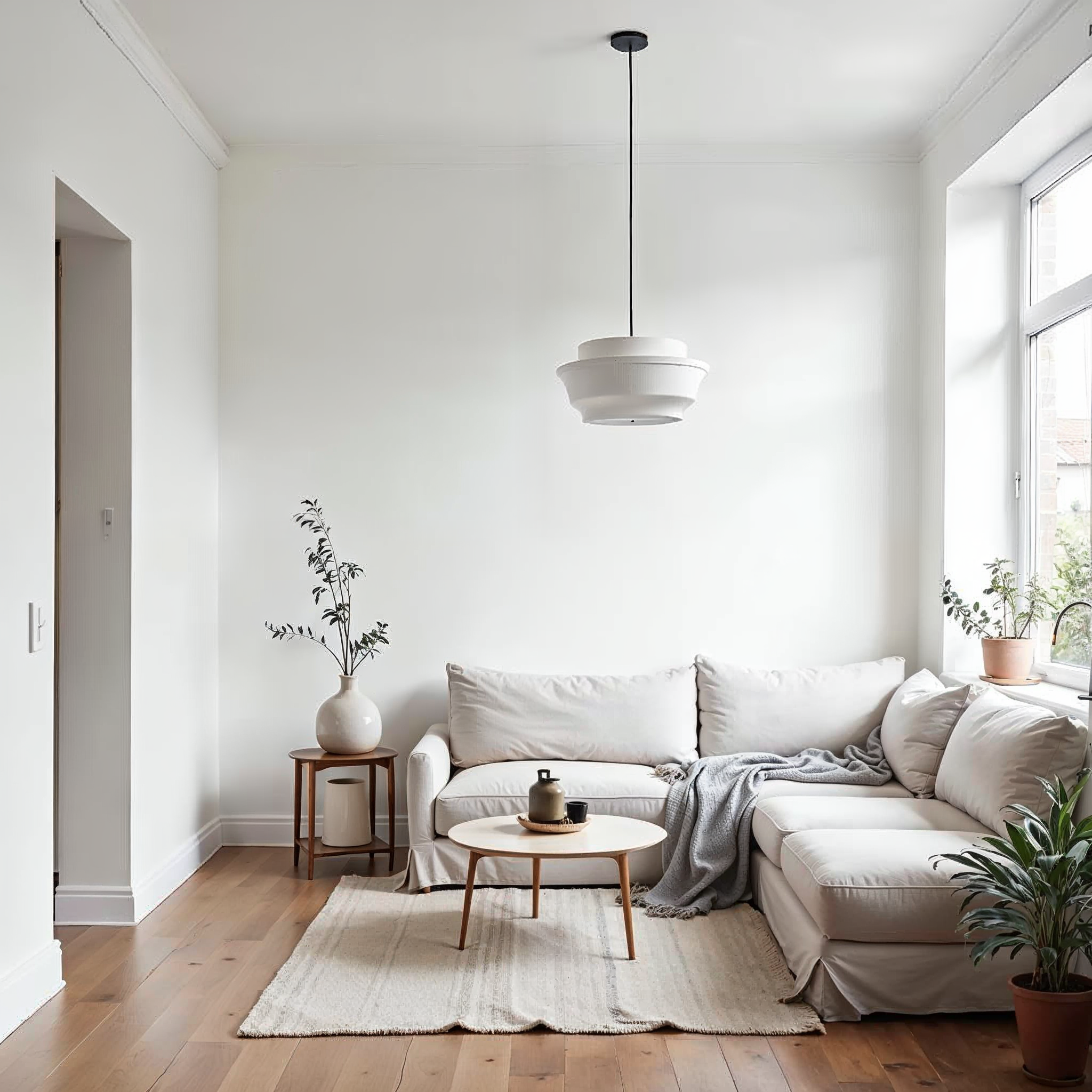 Rolig minimalistisk stue efter AI transformation